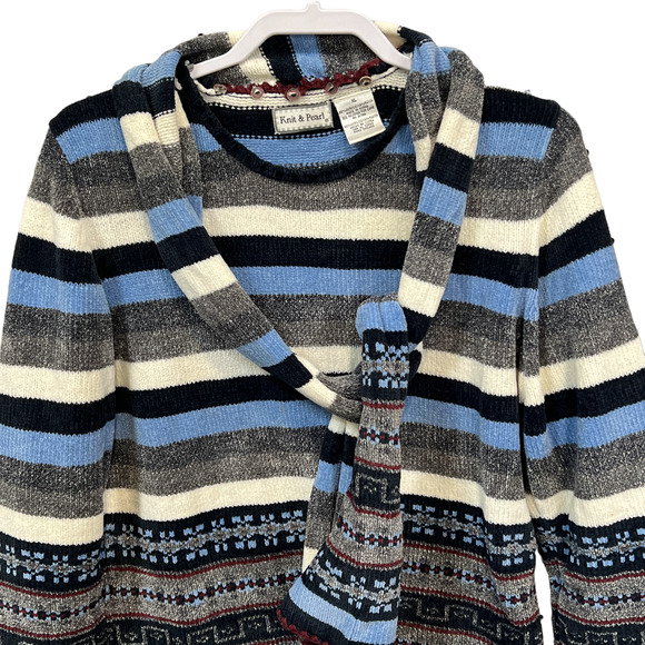 Knit & Pearl Cozy Pullover Sweater Button Down Scarf Striped Casual Size XL - Picture 4 of 7